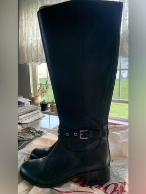Michael Kors Black Leather MK Emblem Tall Boots - Wide Shaft